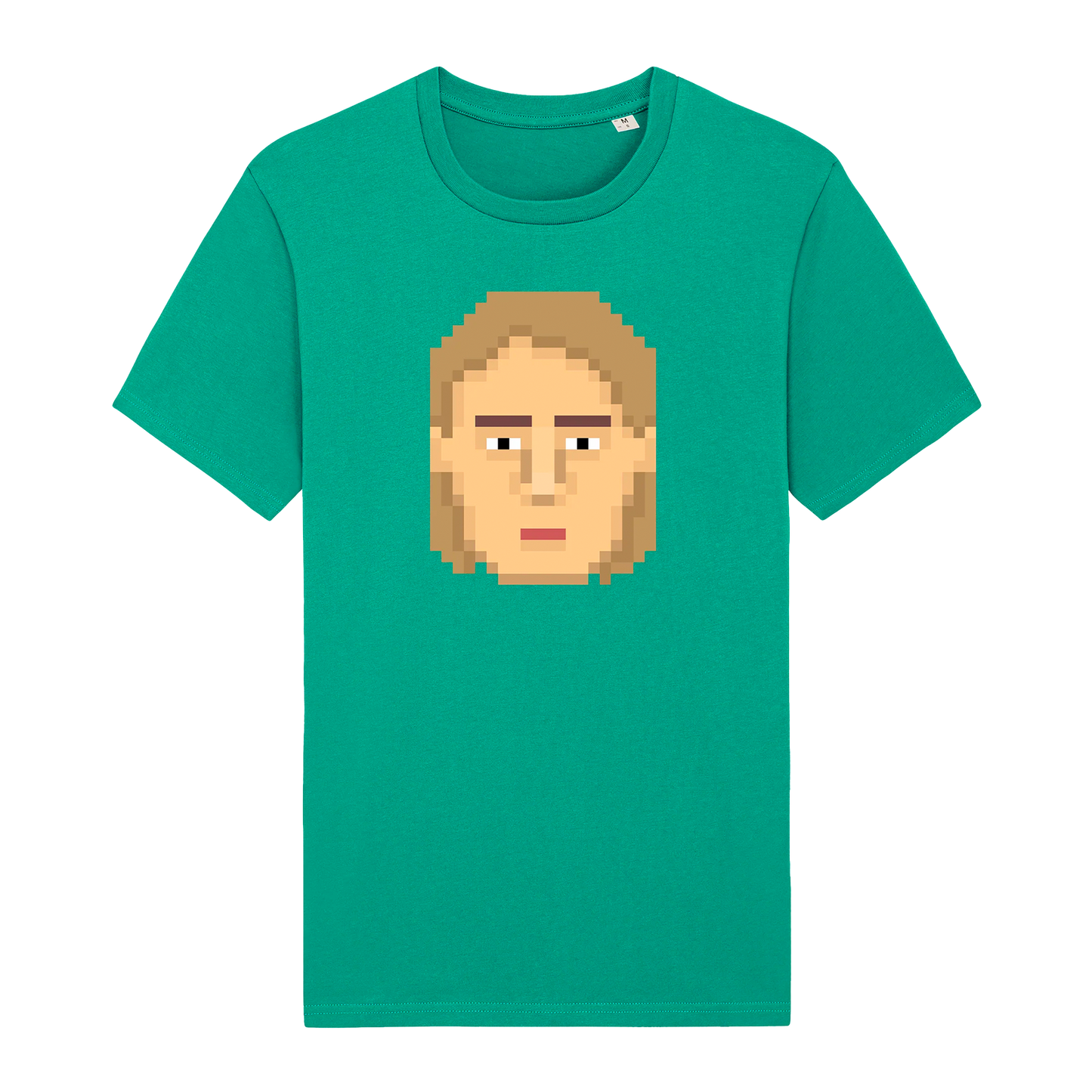 Green t-shirt featuring a pixelated face design on the front.