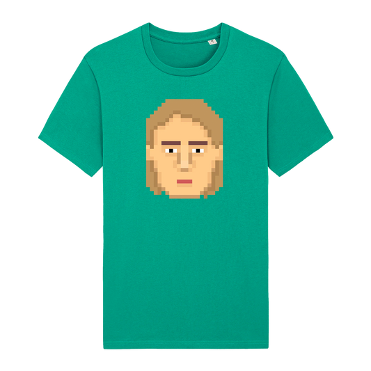 Green t-shirt featuring a pixelated face design on the front.