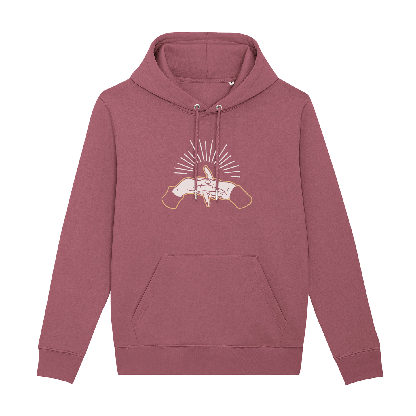 Pink hooded sweatshirt with a graphic design featuring crossed revolvers and a banner.