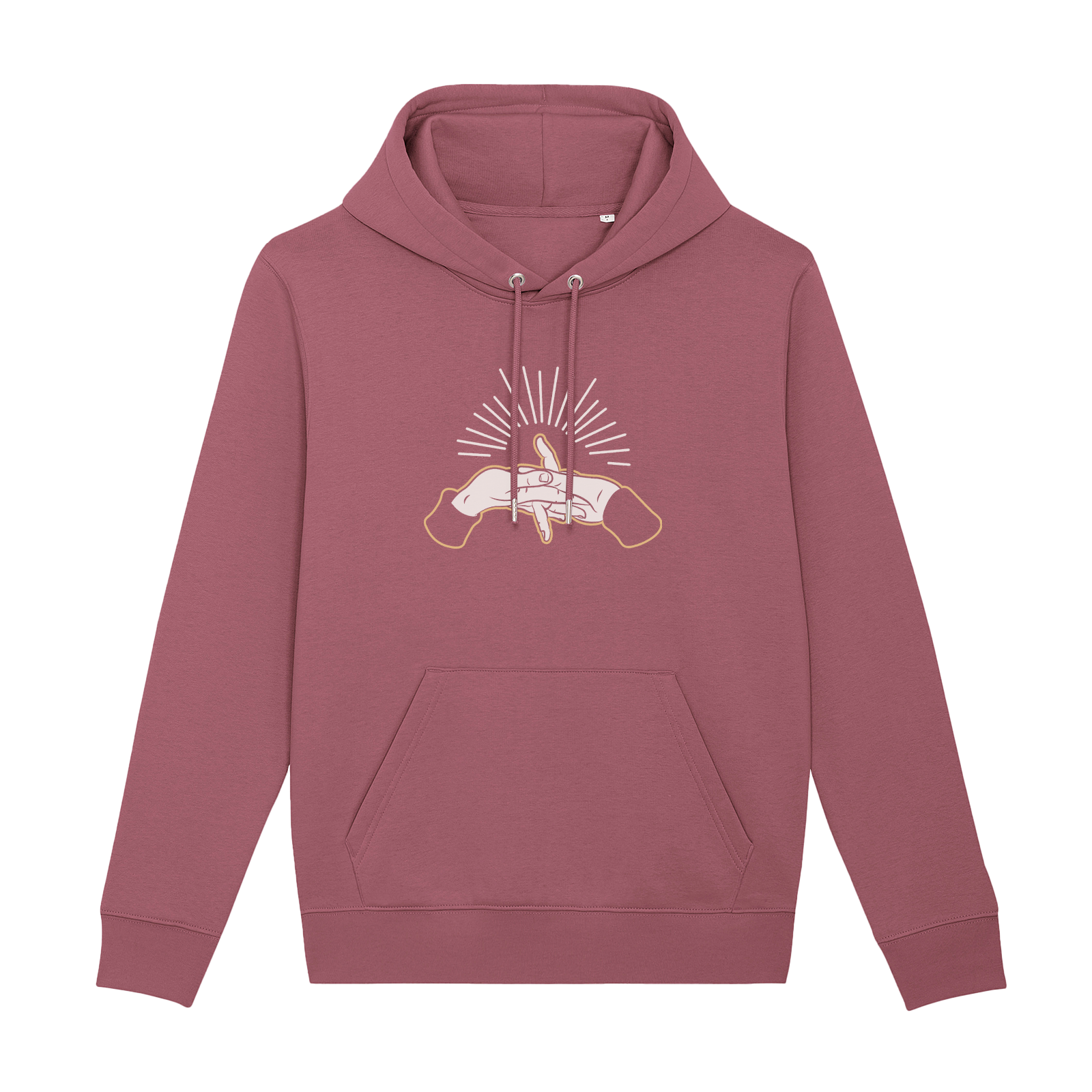 Pink hooded sweatshirt with a graphic design featuring crossed revolvers and a banner.
