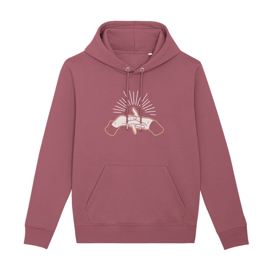 Pink hooded sweatshirt with a graphic design featuring crossed revolvers and a banner.