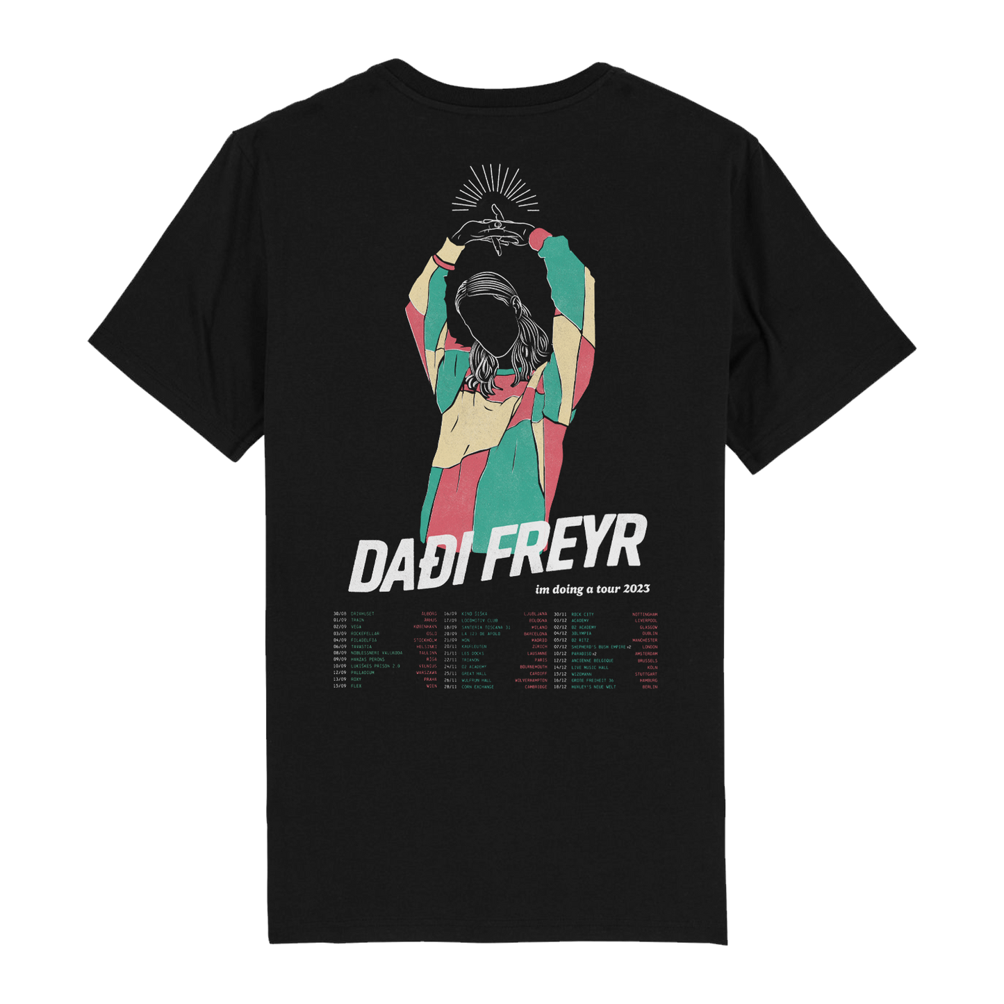 Black t-shirt with a colorful graphic design featuring a figure holding a vinyl record above their head and the text ’DADI FREYR’.