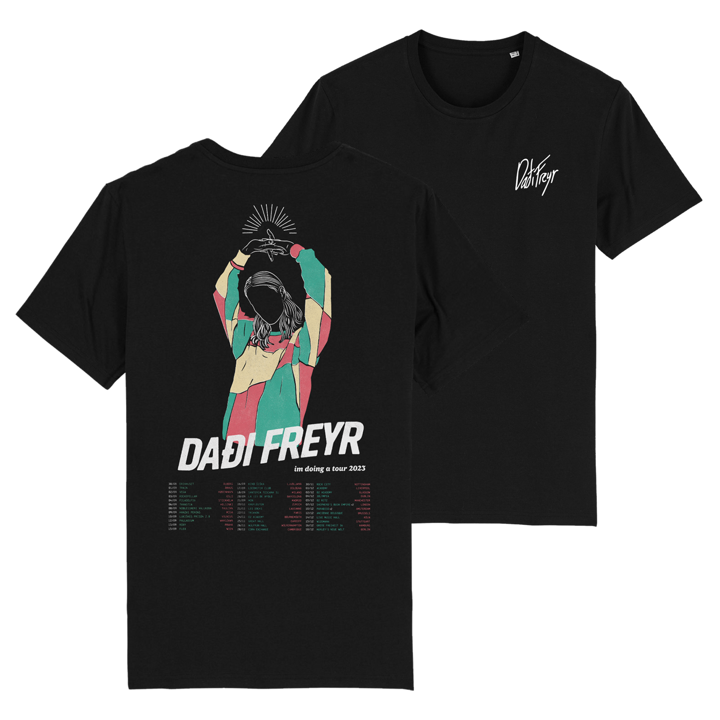 Black t-shirt with colorful graphic design featuring a silhouette and text.