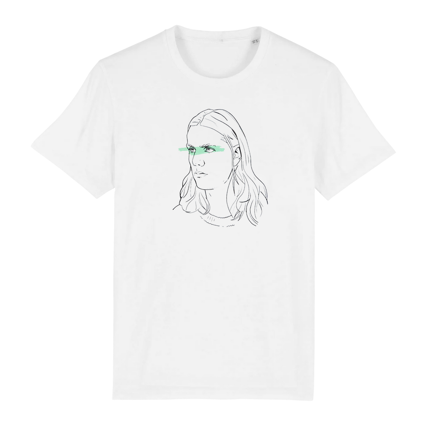 White t-shirt with a minimalist line drawing of a woman’s face and hair.