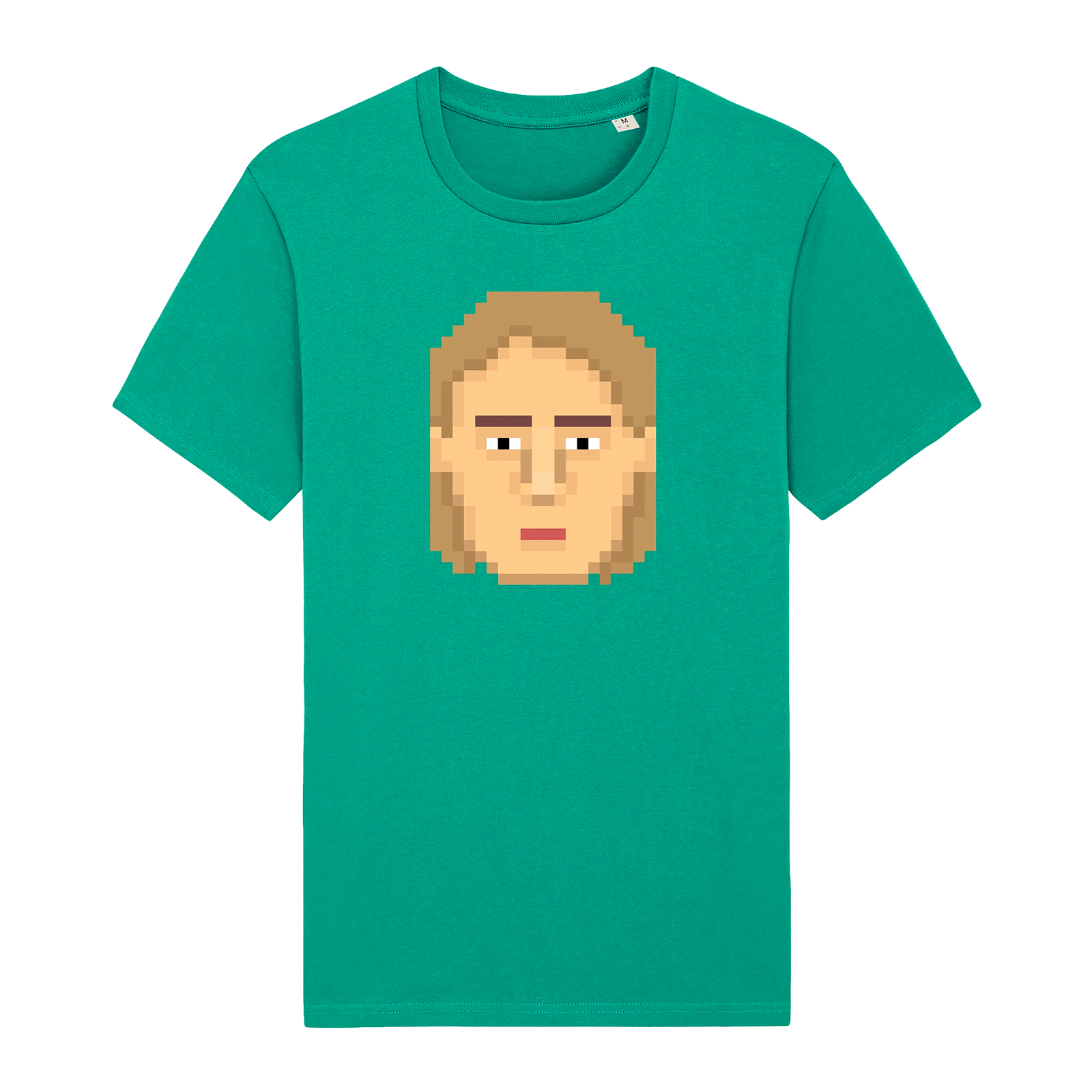 Green t-shirt featuring a pixelated face design on the front.