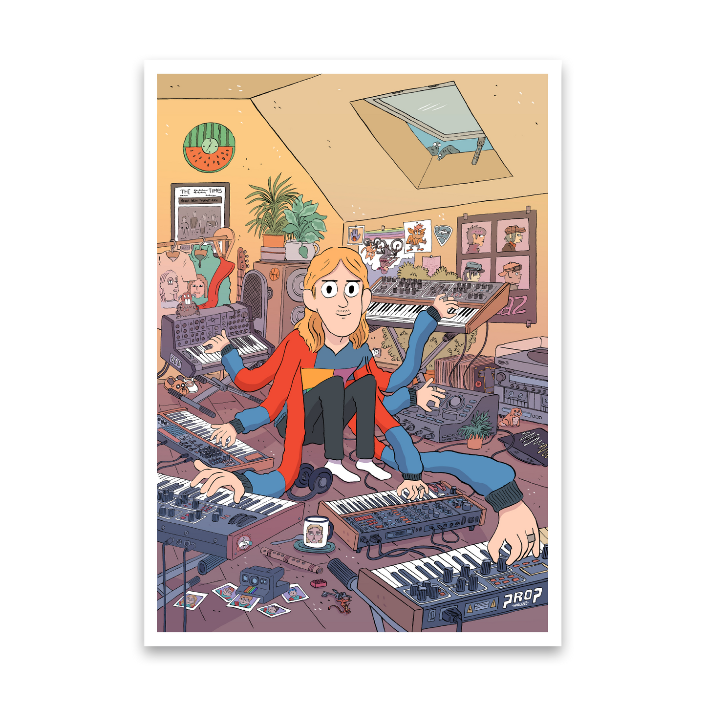 Cartoon character surrounded by musical instruments and equipment in a cluttered room.