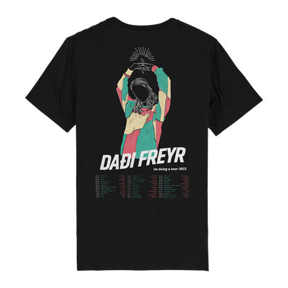 Black t-shirt with a colorful graphic design featuring a figure holding a vinyl record above their head and the text ’DADI FREYR’.